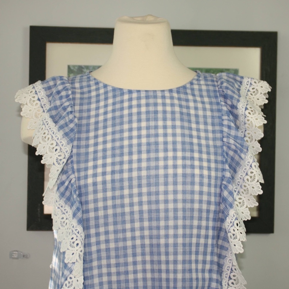 Baby Blue Gingam Ruffle Top Size Small - Picture 2 of 12